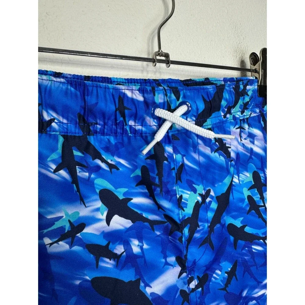 Lands' End Boys Large Cool Sharks Swim Trunks Drawstring Pocket Mesh Lined NWT
